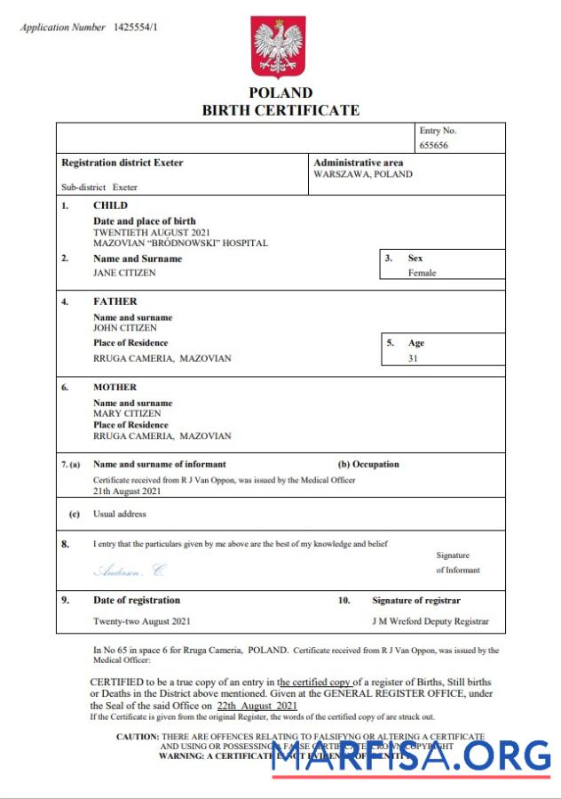 Downloadable Poland vital record birth certificate Word and PDF template